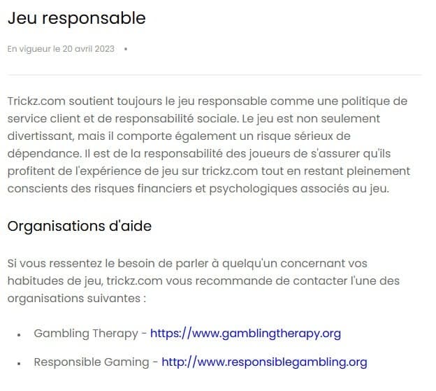 Trickz Casino jeu responsable